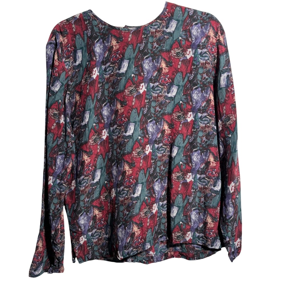 Nora Noh Vintage 100% Silk Abstract Print Blouse Red Purple Green Womens 10‎ 90s